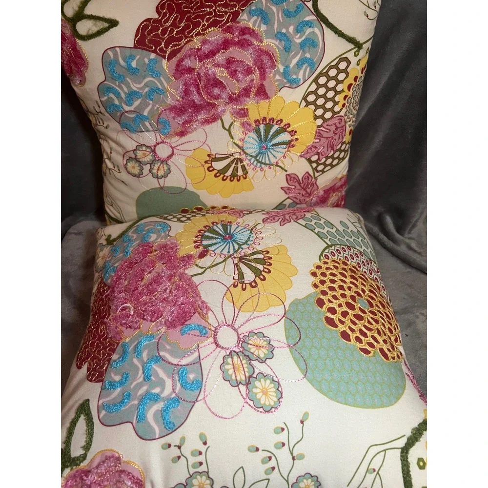 Pier 1 16x16 Pillow Covers Set of 2 Floral Embroidered Boho Whimsy Pink Throw